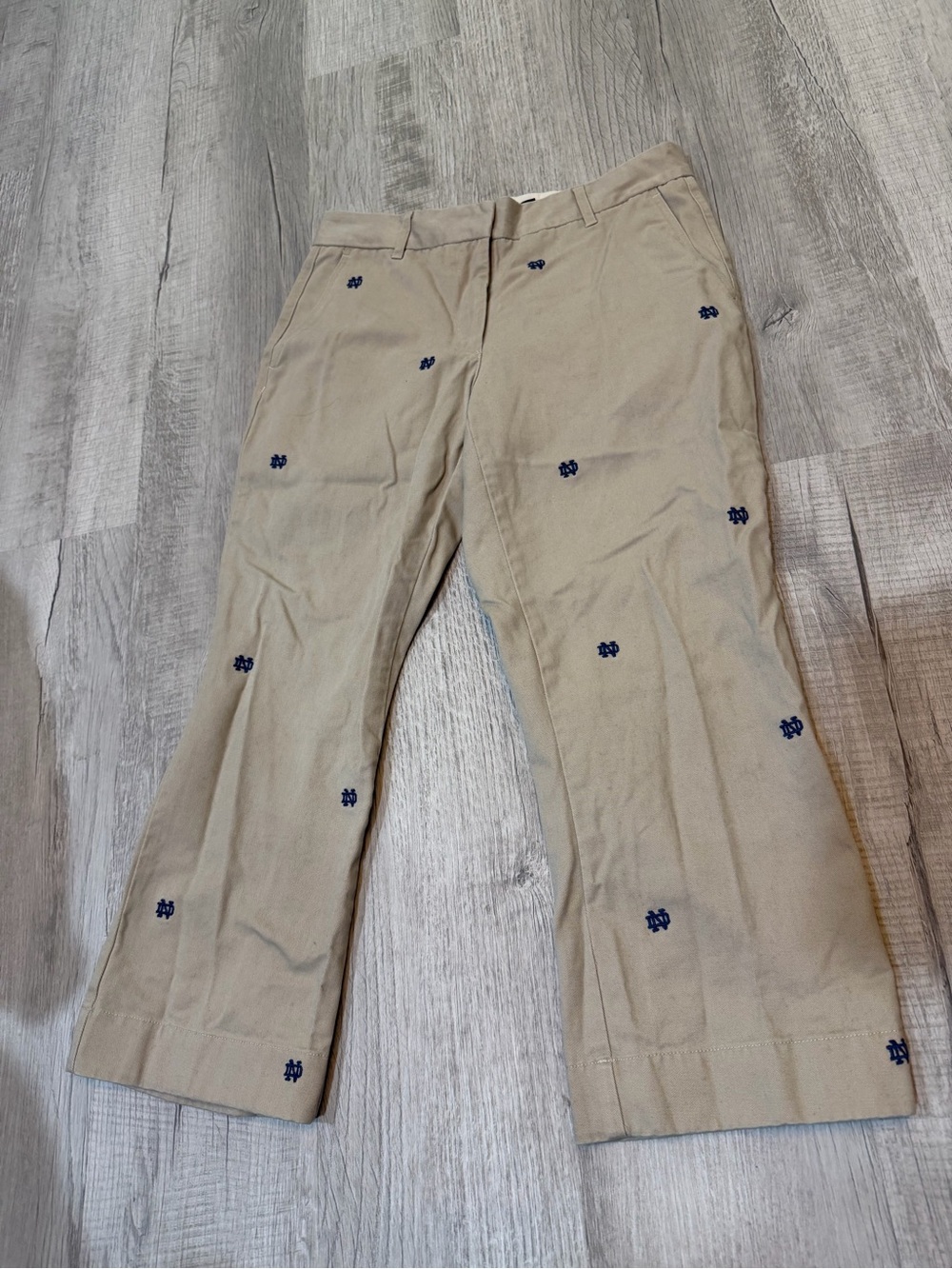 Beige Boot-Cut Pants with Navy Embroidered Accents Notre Dame